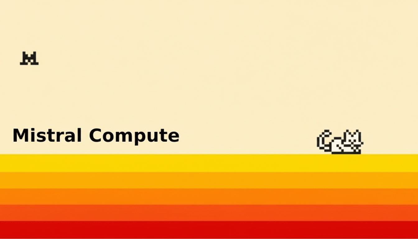 The image displays Mistral Compute in black text on a light background, with a pixelated cat on the right and a pixelated M on the top left. The bottom portion of the image features horizontal stripes in shades of orange and red.