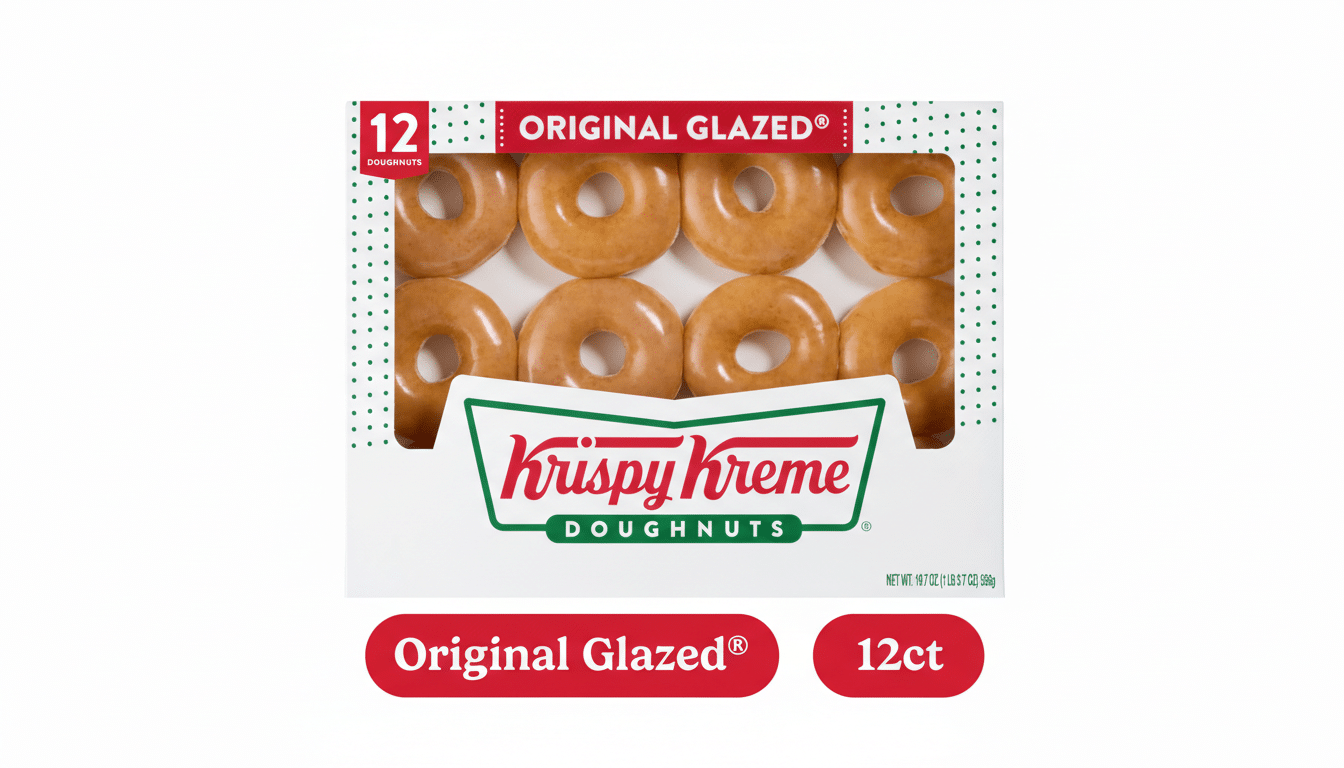 A box of twelve Krispy Kreme Original Glazed doughnuts, presented on a clean, professional background with a 16:9 aspect ratio.