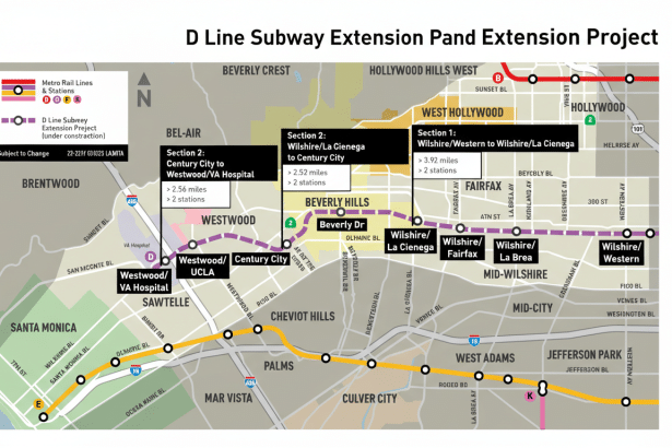 A map of the D Line Subway Extension Project in Los Angeles, showing the planned route and stations.