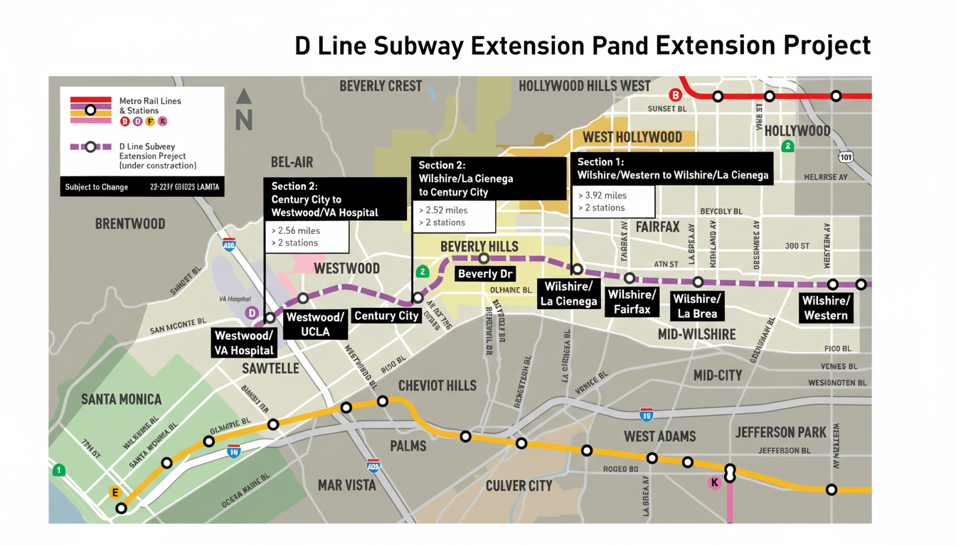A map of the D Line Subway Extension Project in Los Angeles, showing the planned route and stations.