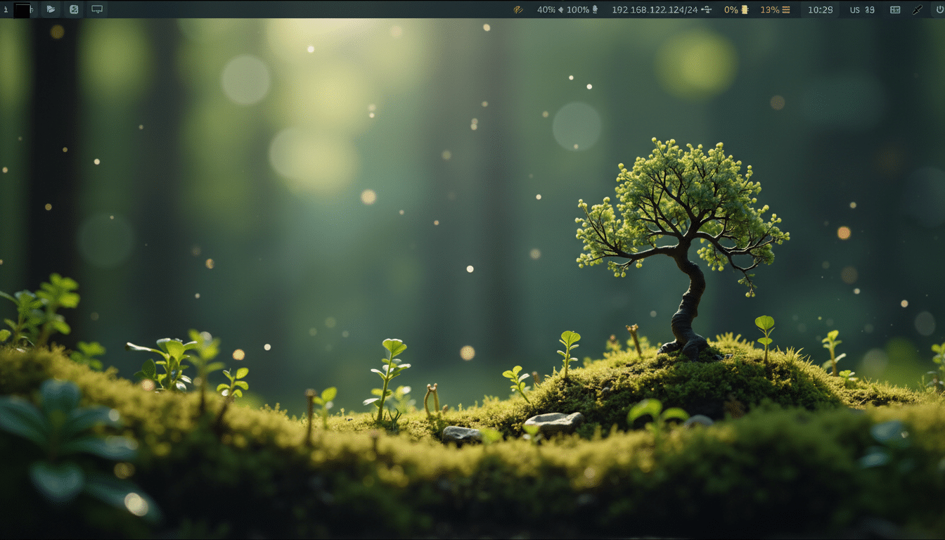 A vibrant green bonsai tree sits on a mossy hill, surrounded by smaller plants and sparkling light particles, with a blurred forest background.