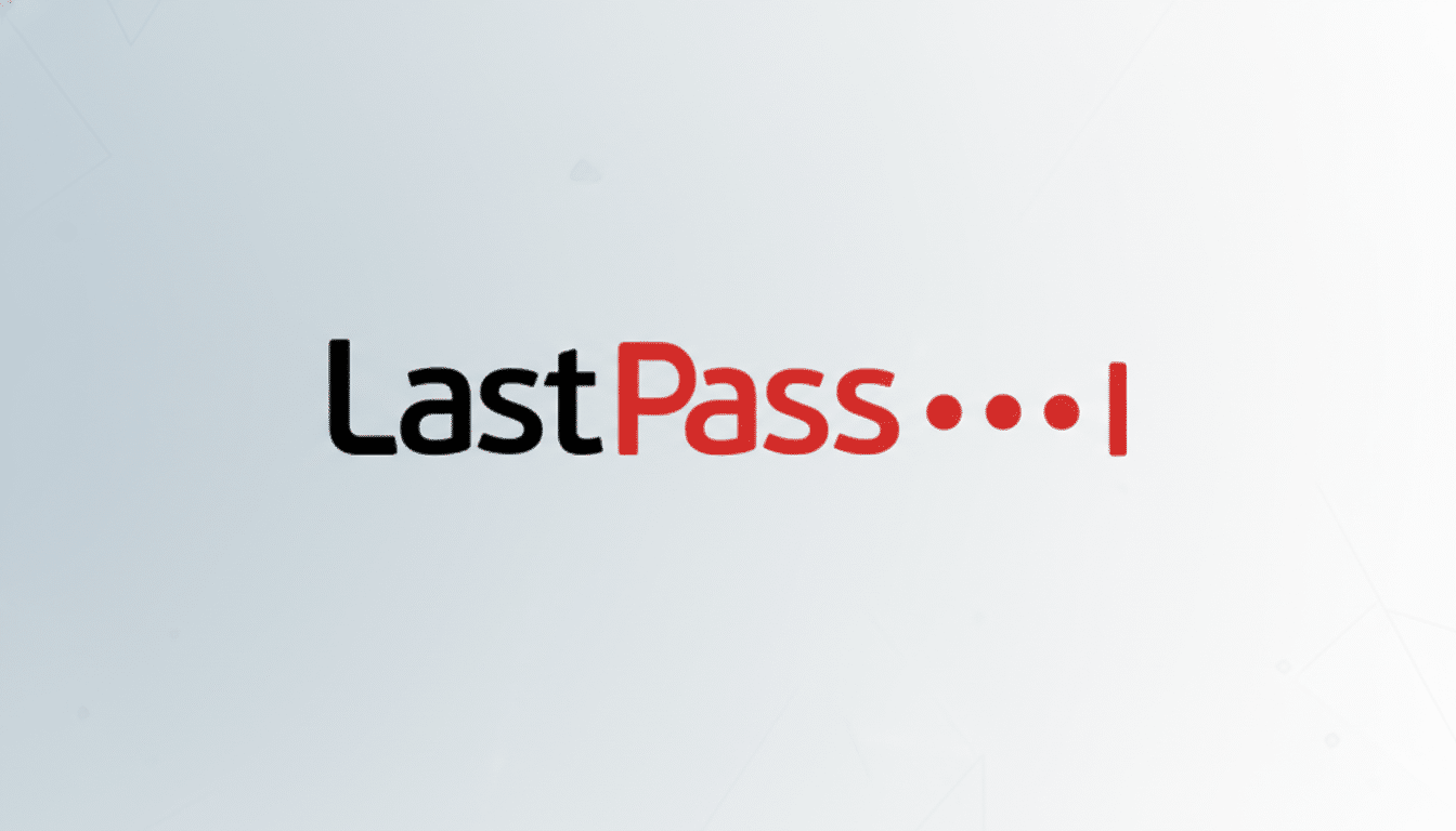 The LastPass logo, featuring Last in black and Pass in red, followed by three red dots and a red vertical line, centered on a light gray background with subtle geometric patterns.