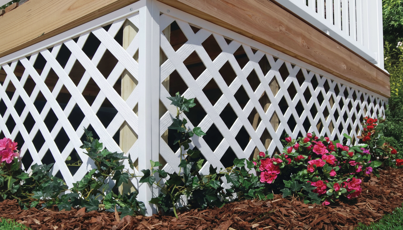 A white lattice skirting around a wooden deck, with green foliage and pink flowers in front, and brown mulch on the ground.