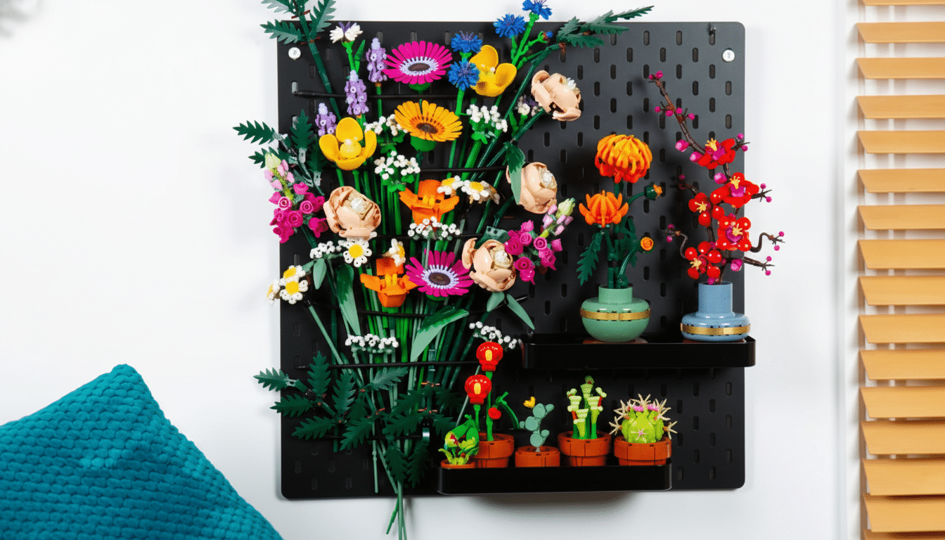 A black pegboard adorned with colorful LEGO flowers, including a large bouquet, potted plants, and vases, set against a white wall with a teal pillow and wooden blinds.