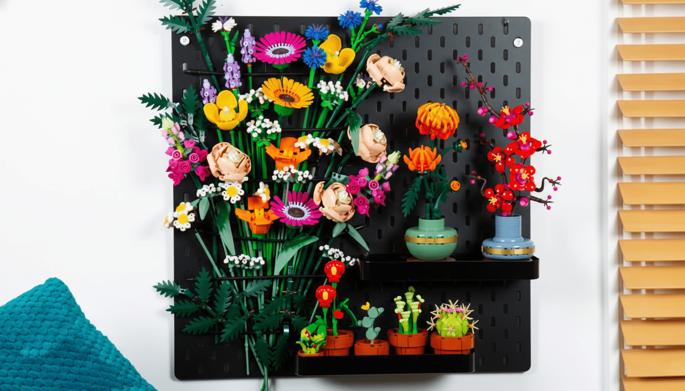 A vibrant display of LEGO flowers and plants arranged on a black pegboard, with a teal cushion visible on the left and wooden blinds on the right.