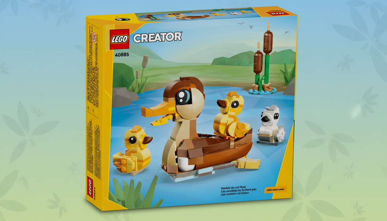 A 16:9 aspect ratio image of a LEGO Creator box featuring duck models, with a professional flat design background of soft patterns and gradients.