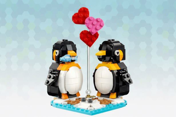 A LEGO set featuring two black and white penguins, one holding a blue fish, standing on a small base with three heart-shaped balloons (two red, one pink) between them. The background is a professional flat design with soft blue and white hexagonal patterns.