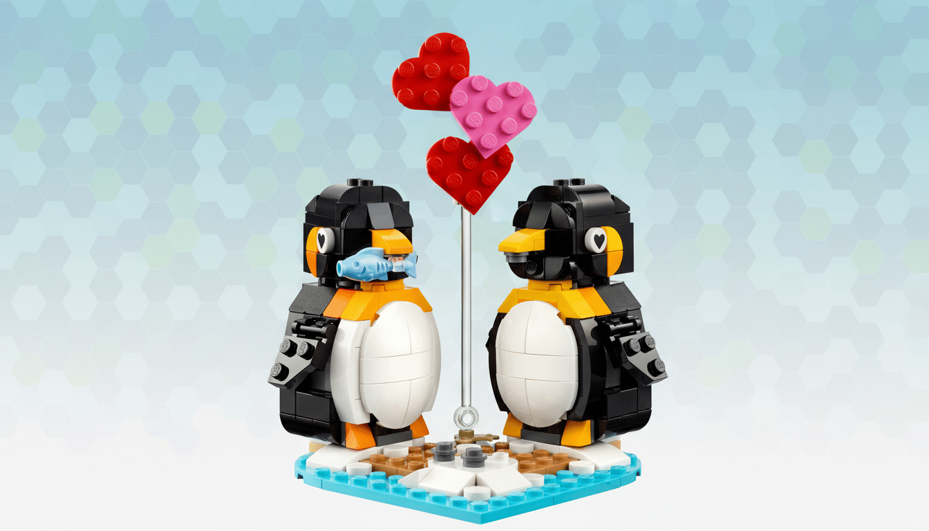 A LEGO set featuring two black and white penguins, one holding a blue fish, standing on a small base with three heart-shaped balloons (two red, one pink) between them. The background is a professional flat design with soft blue and white hexagonal patterns.