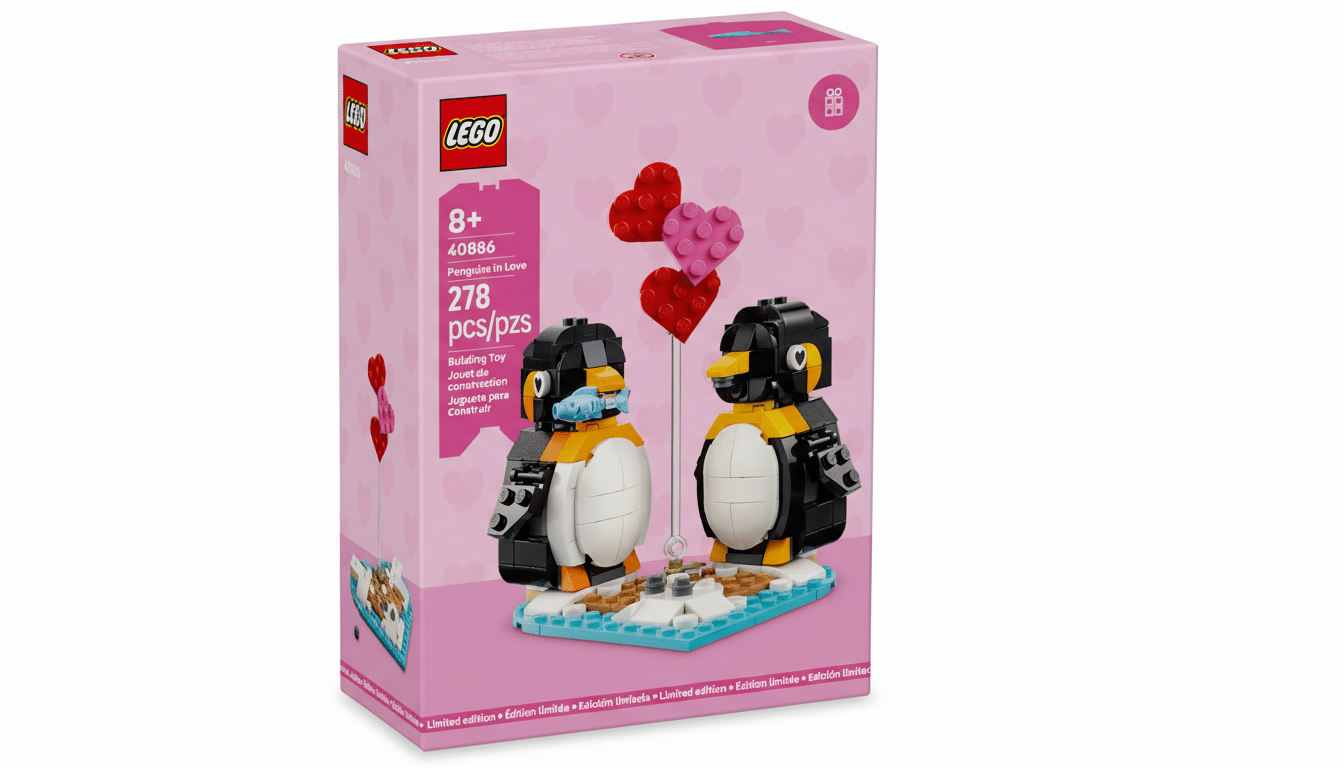 A 16:9 aspect ratio image of a LEGO Penguins in Love box, featuring two LEGO penguins and red heart balloons, set against a professional white background.