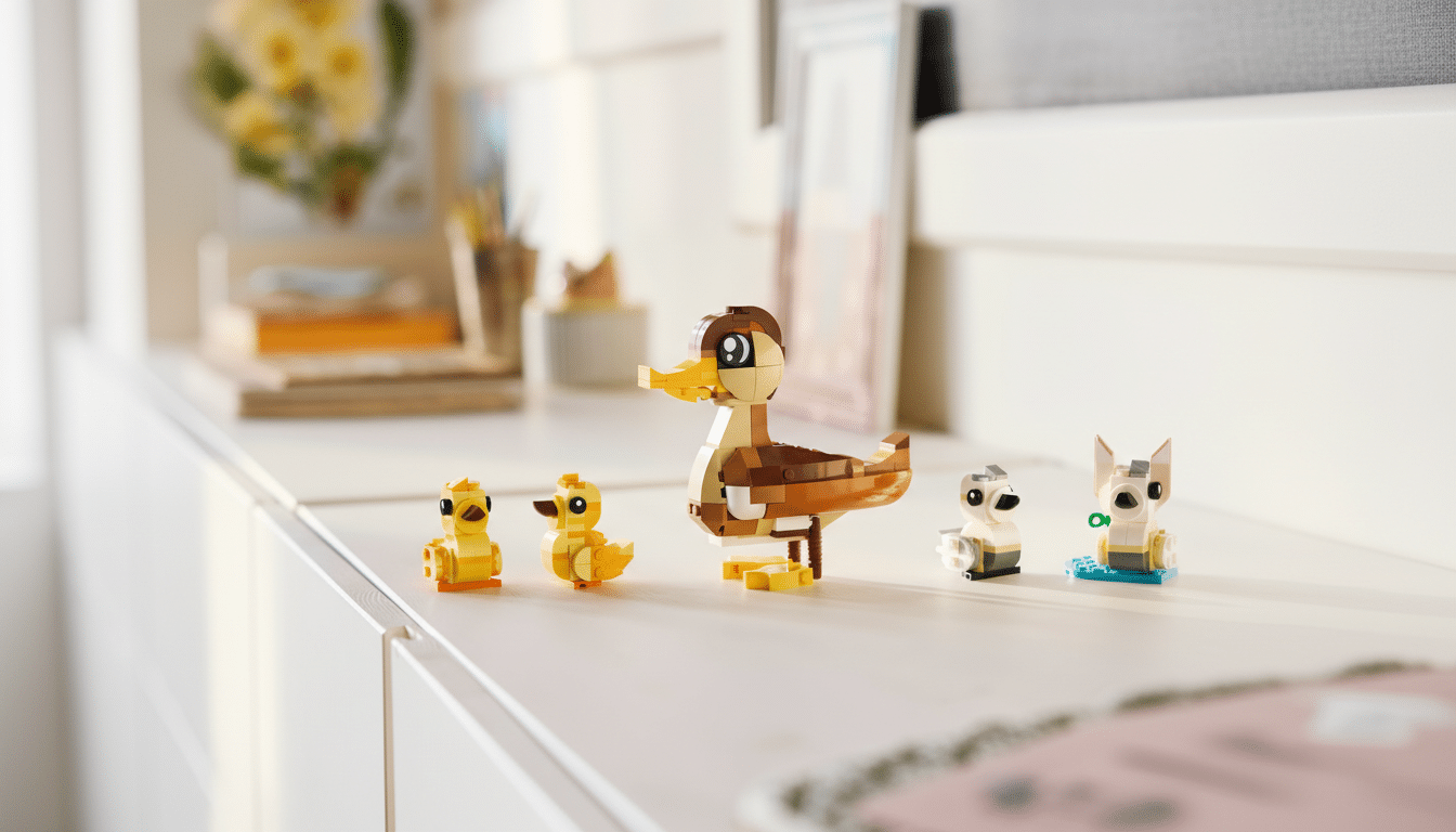 A Lego duck and two ducklings stand on a white surface, with other small Lego animals and a blurred background of a room.