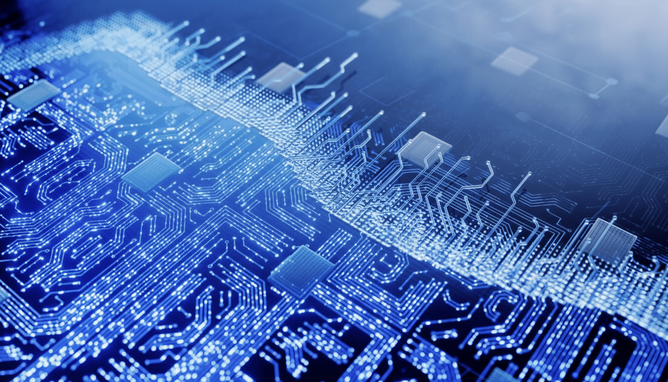 A close-up, professional shot of a glowing blue circuit board with intricate pathways and microchips, presented in a 16:9 aspect ratio.