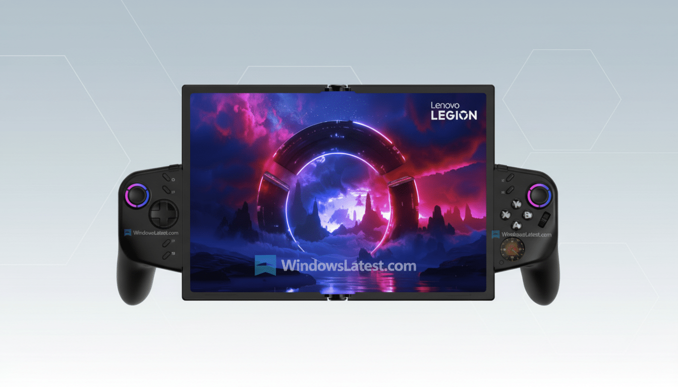 A Lenovo Legion Go handheld gaming PC with a professional flat design background.