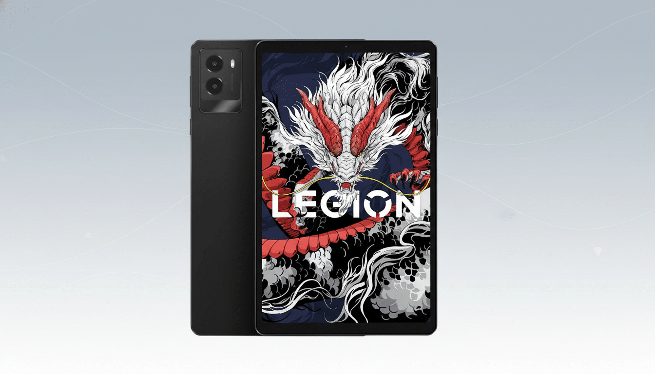 A black tablet with a dragon wallpaper and a black smartphone are displayed against a professional flat design background with soft patterns and gradients.