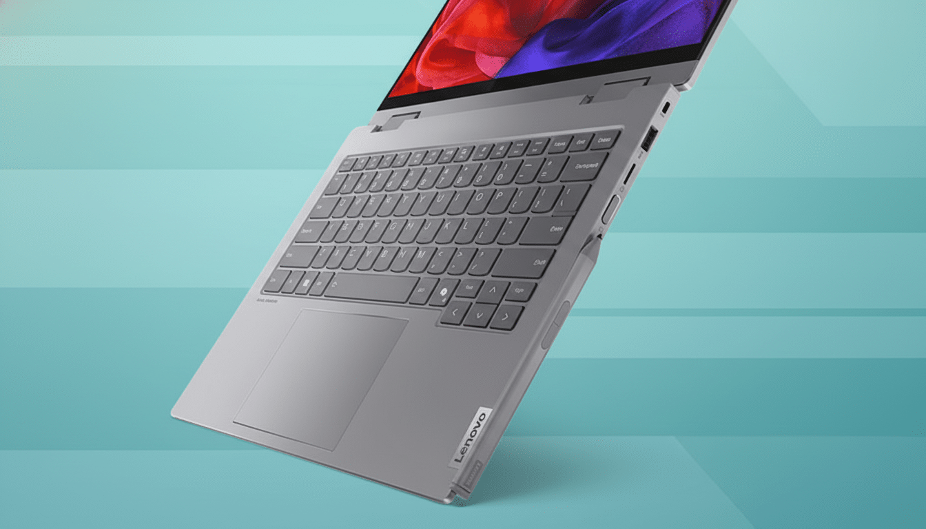 A silver Lenovo laptop with a colorful screen, angled on a teal background.