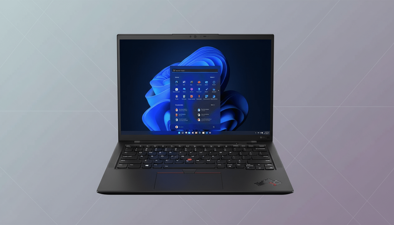 A black laptop with a Windows 11 desktop displayed on its screen, set against a professional flat design background with soft patterns and gradients.