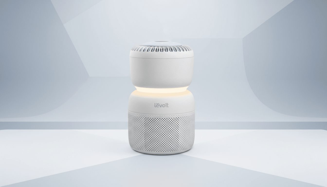 A white Levoit air purifier with a glowing orange band, set against a professional flat design background with soft gray and white geometric patterns.