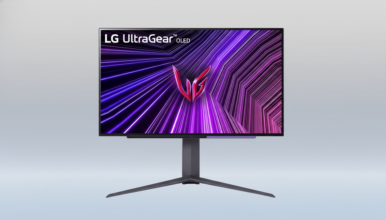 A professional image of an LG UltraGear OLED monitor, resized to a 16:9 aspect ratio, set against a clean, light blue and grey gradient background.