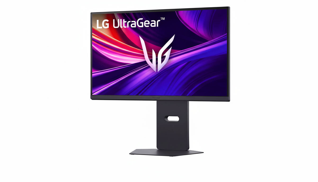 A professional, enhanced image of an LG UltraGear monitor with a 16:9 aspect ratio, featuring a vibrant, abstract wallpaper on its screen.