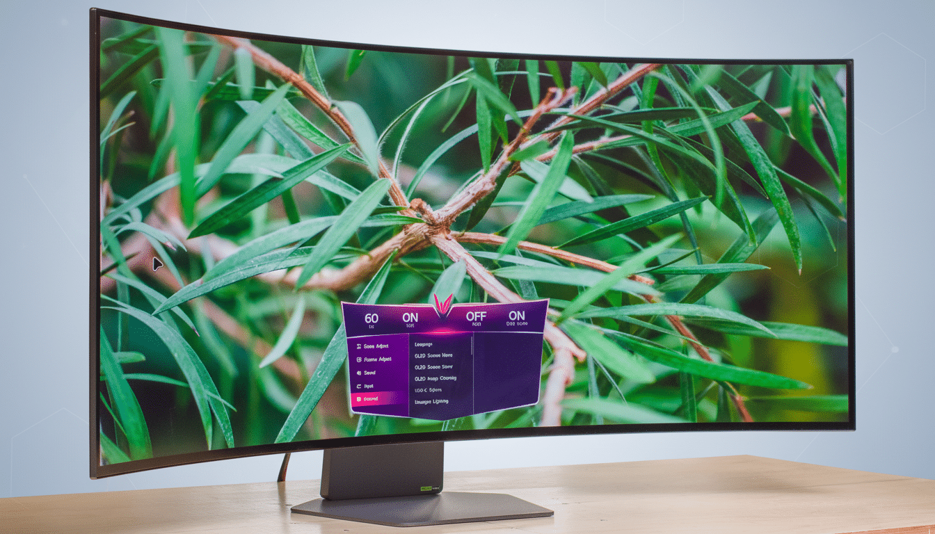 A curved monitor displaying a green plant on its screen, with an on-screen menu overlay. The background has been subtly changed to a professional flat design with soft patterns.