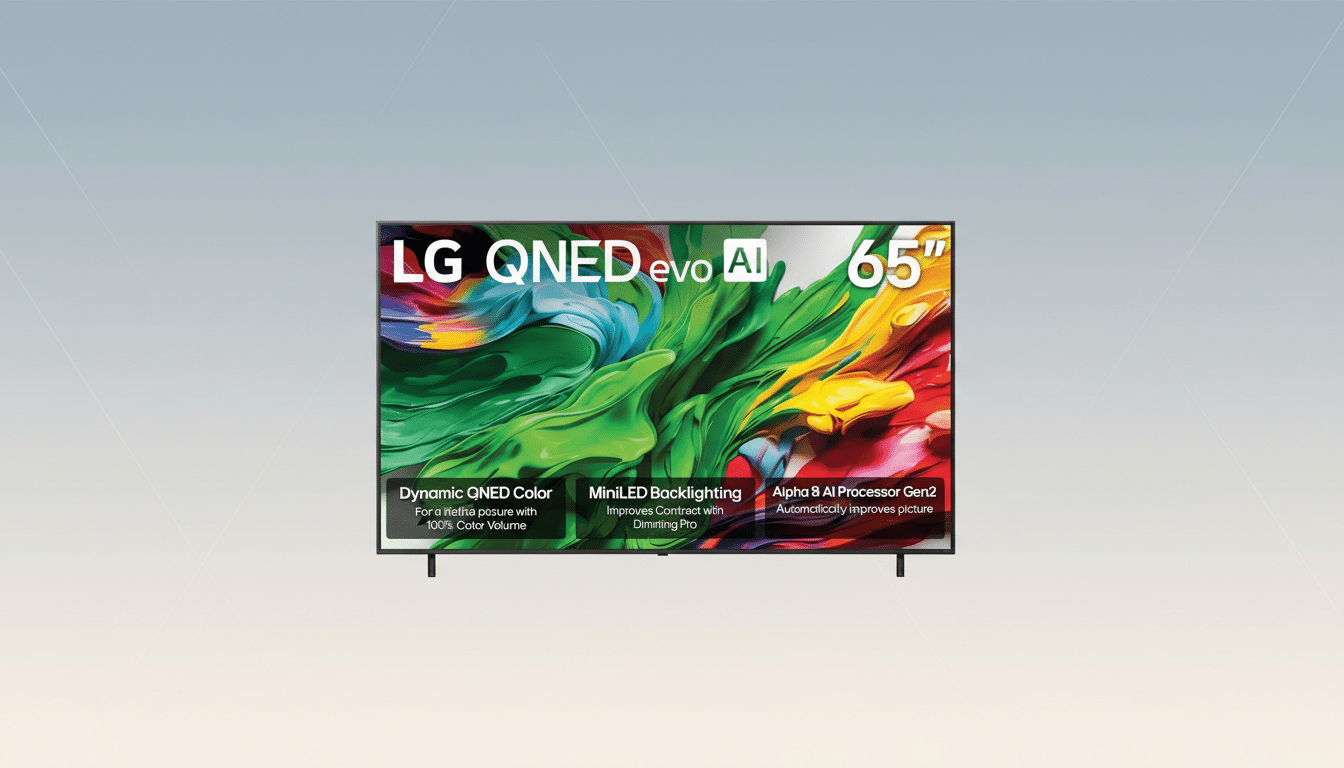 A 65-inch LG QNED evo AI television with a colorful abstract image on its screen, set against a professional flat design background with soft gradients.