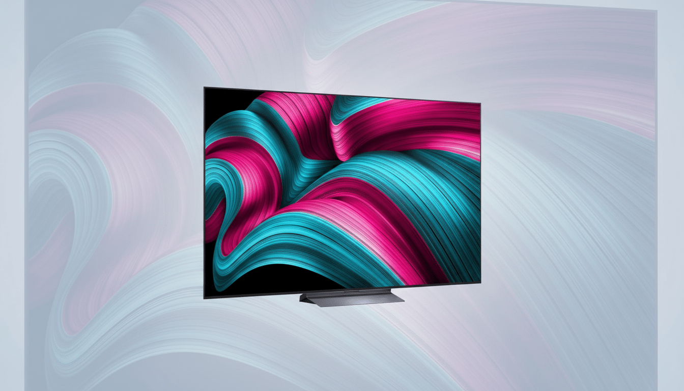 A sleek, modern television displaying a vibrant abstract image of swirling pink and blue lines, set against a professional flat design background with soft, complementary patterns.