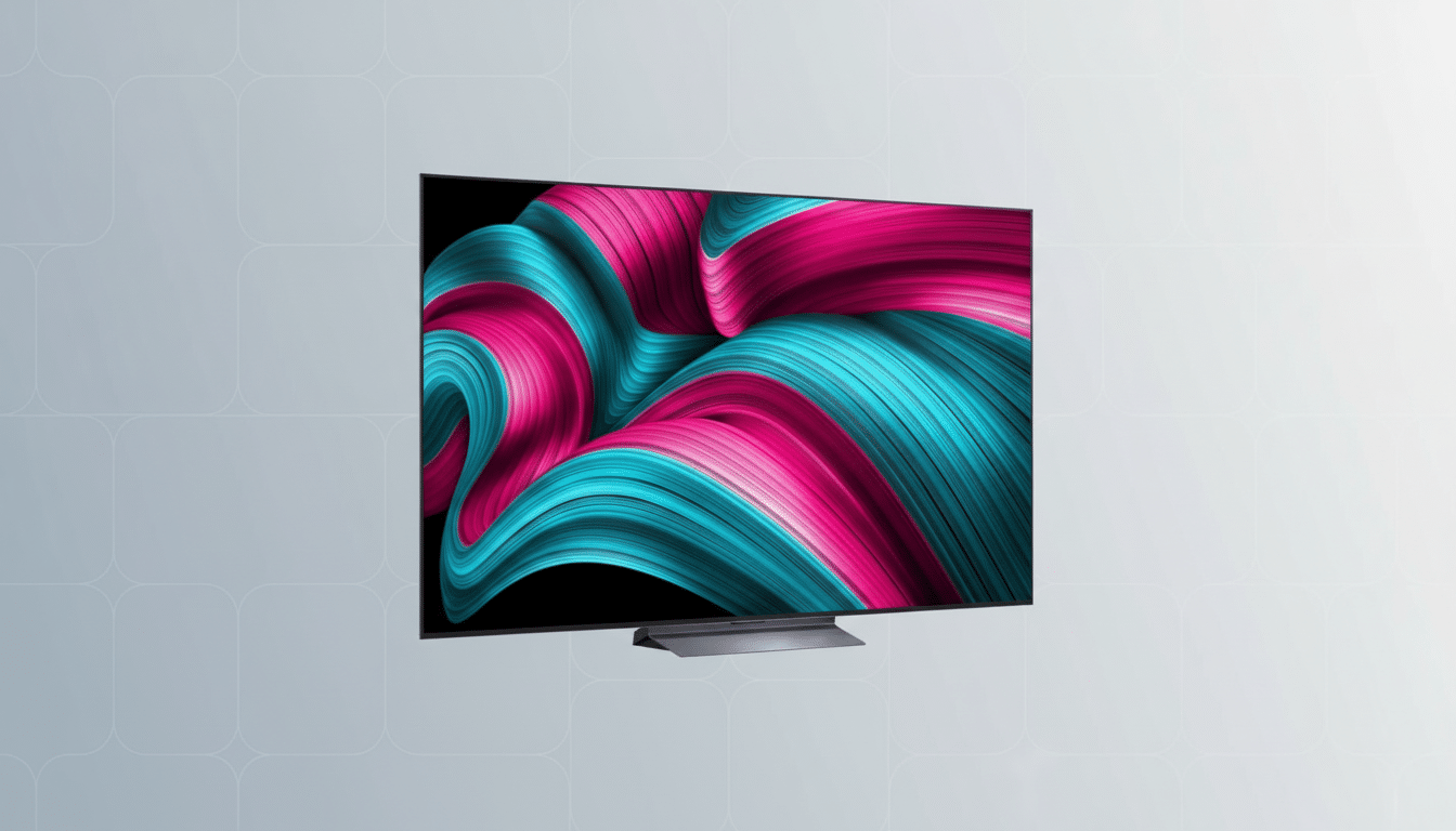 A sleek, modern television displaying a vibrant abstract image of swirling pink and blue lines, set against a professional light gray background with a subtle grid pattern.