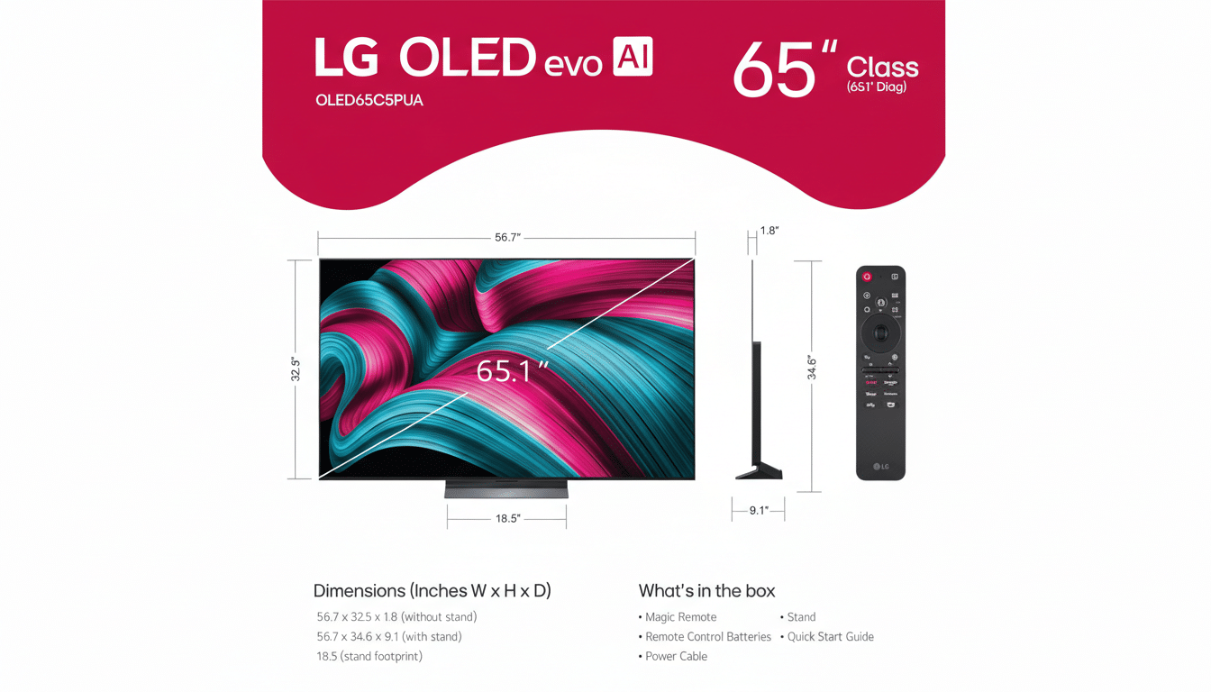 A professionally enhanced image of an LG OLED evo AI 65 Class TV, resized to a 16:9 aspect ratio. The original background is maintained, and the image includes detailed dimensions, a side view of the TV, and its remote control, along with a list of Whats in the box.