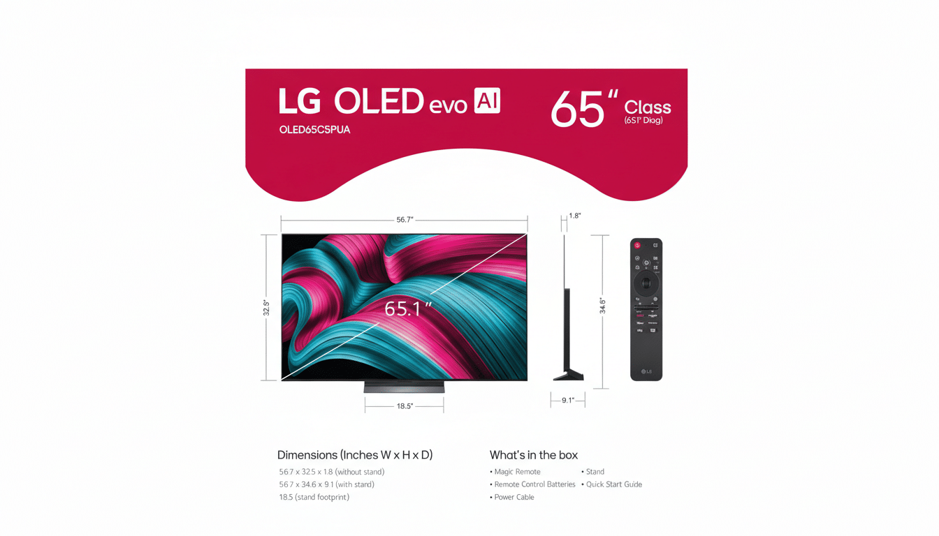 A professionally enhanced image of an LG OLED evo AI 65-inch TV, showcasing its dimensions, side profile, and remote control, set against a clean, professional flat design background with soft gradients.