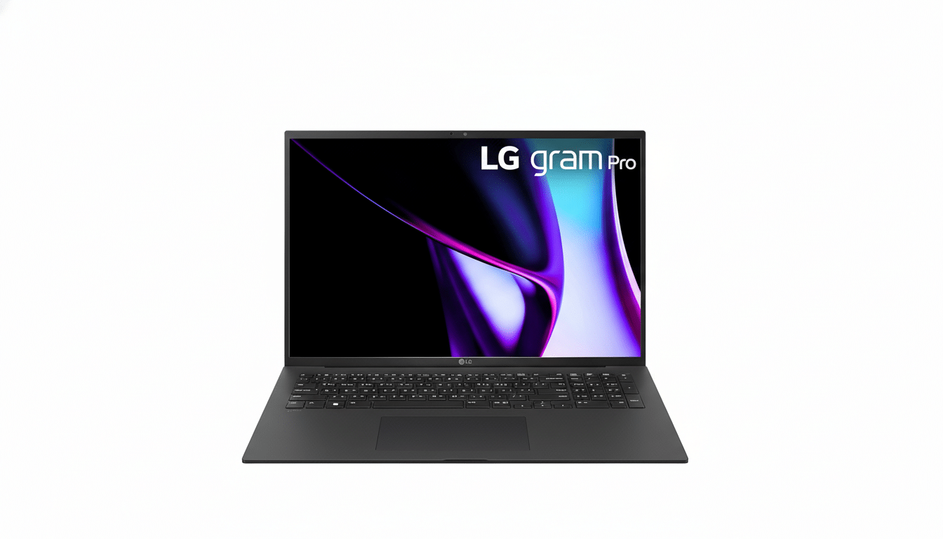A black LG gram Pro laptop with a vibrant purple and blue abstract wallpaper on its screen, set against a clean white background.