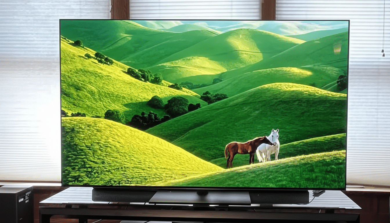 A television displaying a vibrant landscape with green rolling hills and two horses, set against a backdrop of window blinds.