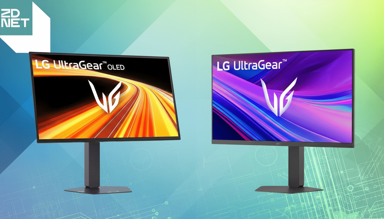 Two LG UltraGear OLED monitors are displayed side-by-side on a professional flat design background with soft patterns and gradients. The monitor on the left shows an orange and yellow abstract design, while the monitor on the right displays a purple and blue abstract design. The ZDNET logo is in the top left corner.