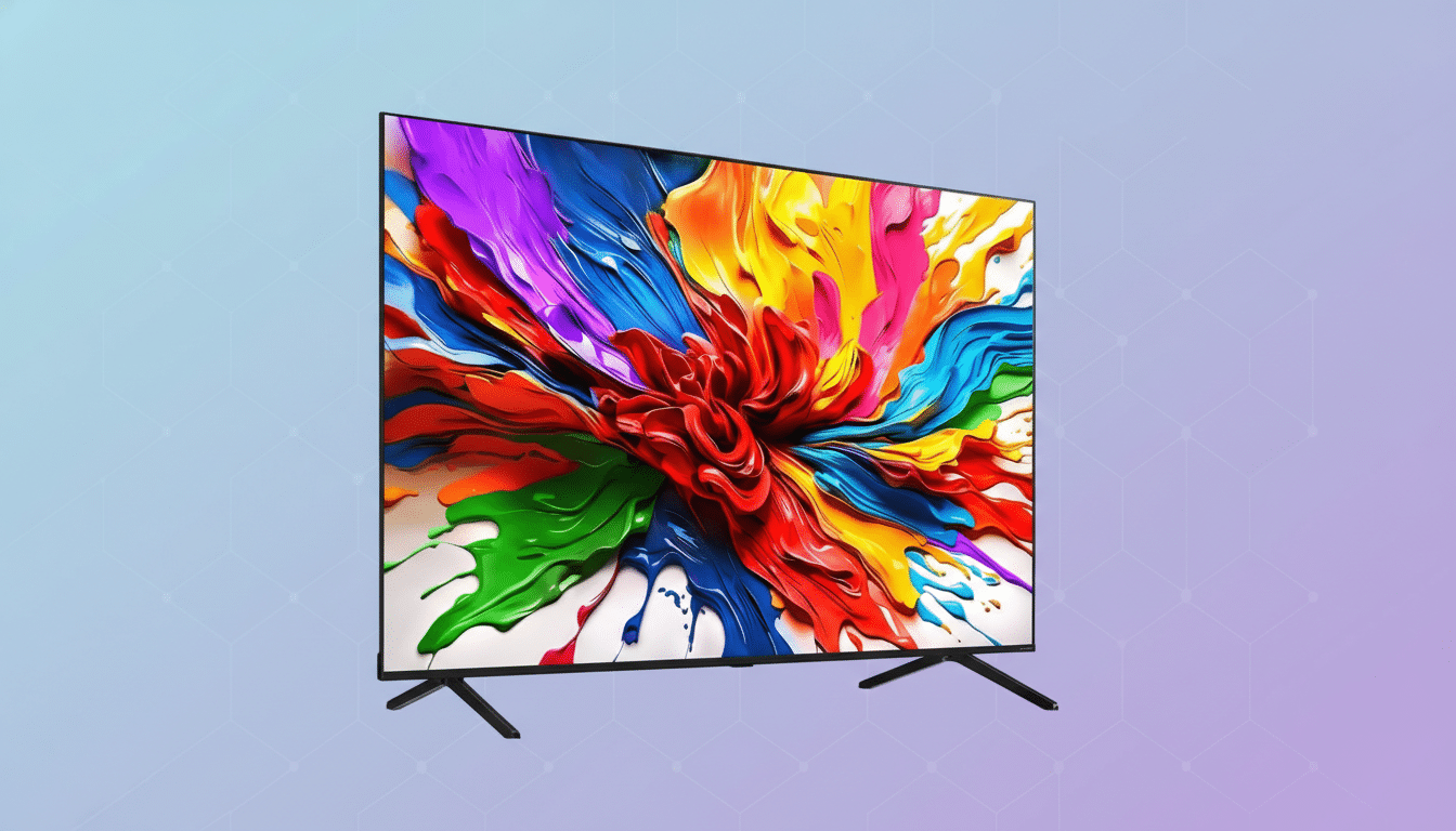 A modern television displaying a vibrant, colorful abstract image, set against a professional flat design background with soft patterns and a gradient from light blue to light purple.