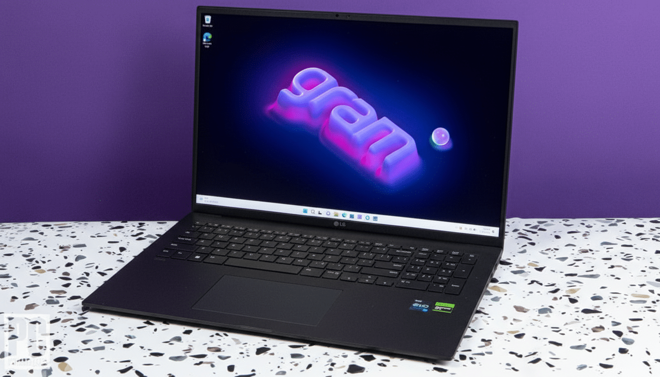 A black LG Gram laptop with a vibrant purple and blue gram wallpaper on its screen, set against a purple background and a speckled white surface.