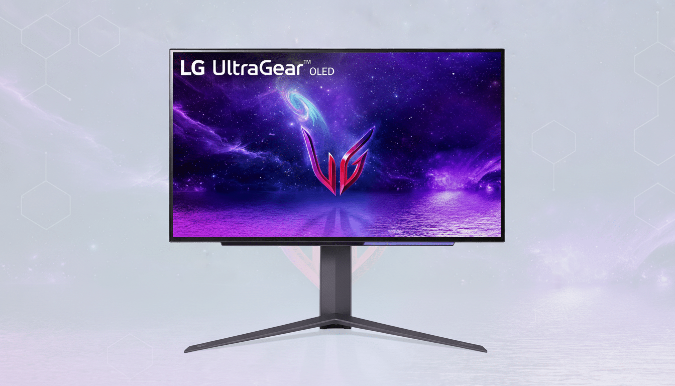 A professional image of an LG UltraGear OLED monitor with a 16:9 aspect ratio, featuring a vibrant purple and blue cosmic wallpaper on its screen, set against a clean, light gray background with subtle hexagonal patterns.