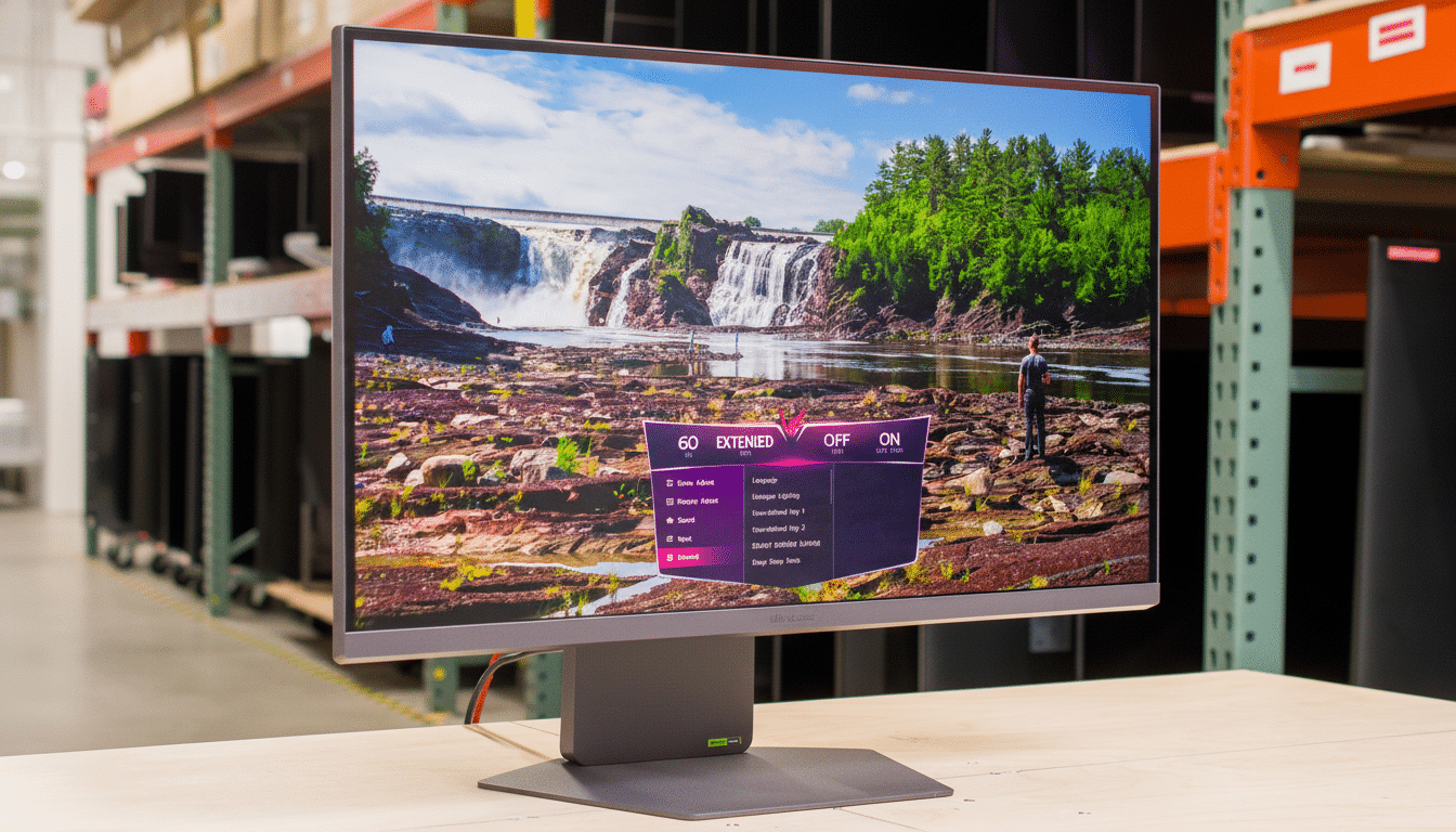 A computer monitor displaying a waterfall scene with an on-screen menu, set against a warehouse background.