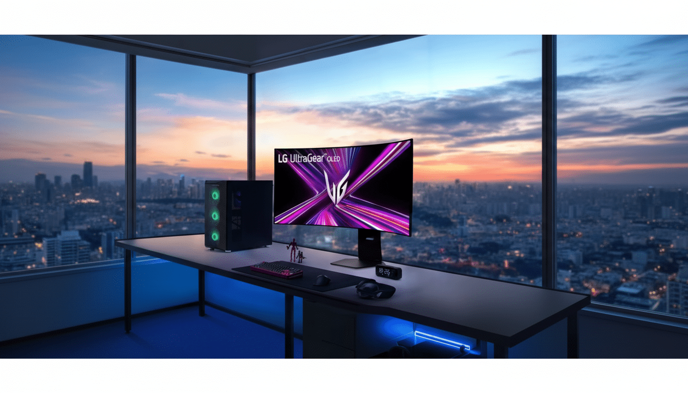 A professional gaming setup featuring an LG UltraGear OLED monitor, a desktop PC with green LED fans, a keyboard, mouse, and headphones, all arranged on a desk with blue under-lighting, set against a panoramic window view of a city skyline at sunset.