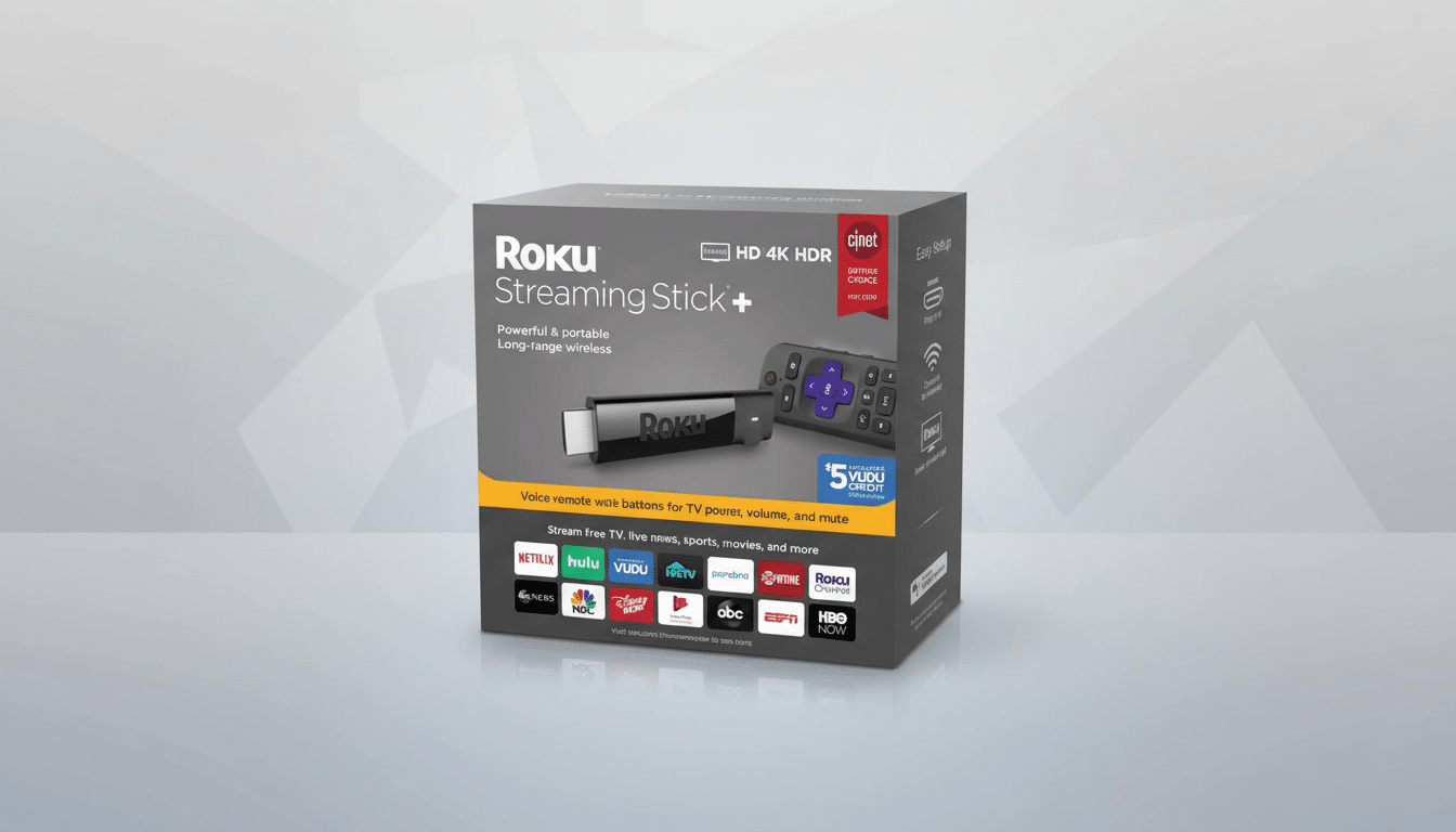 A Roku Streaming Stick+ box is presented on a professional flat design background with soft patterns and gradients.
