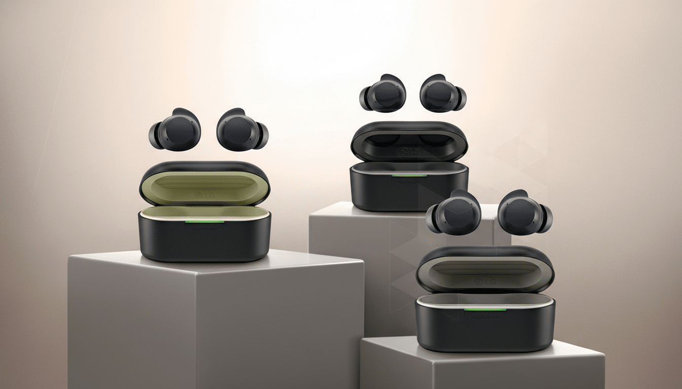 Three sets of black LG earbuds and their charging cases are displayed on light gray rectangular pedestals against a soft, gradient background.