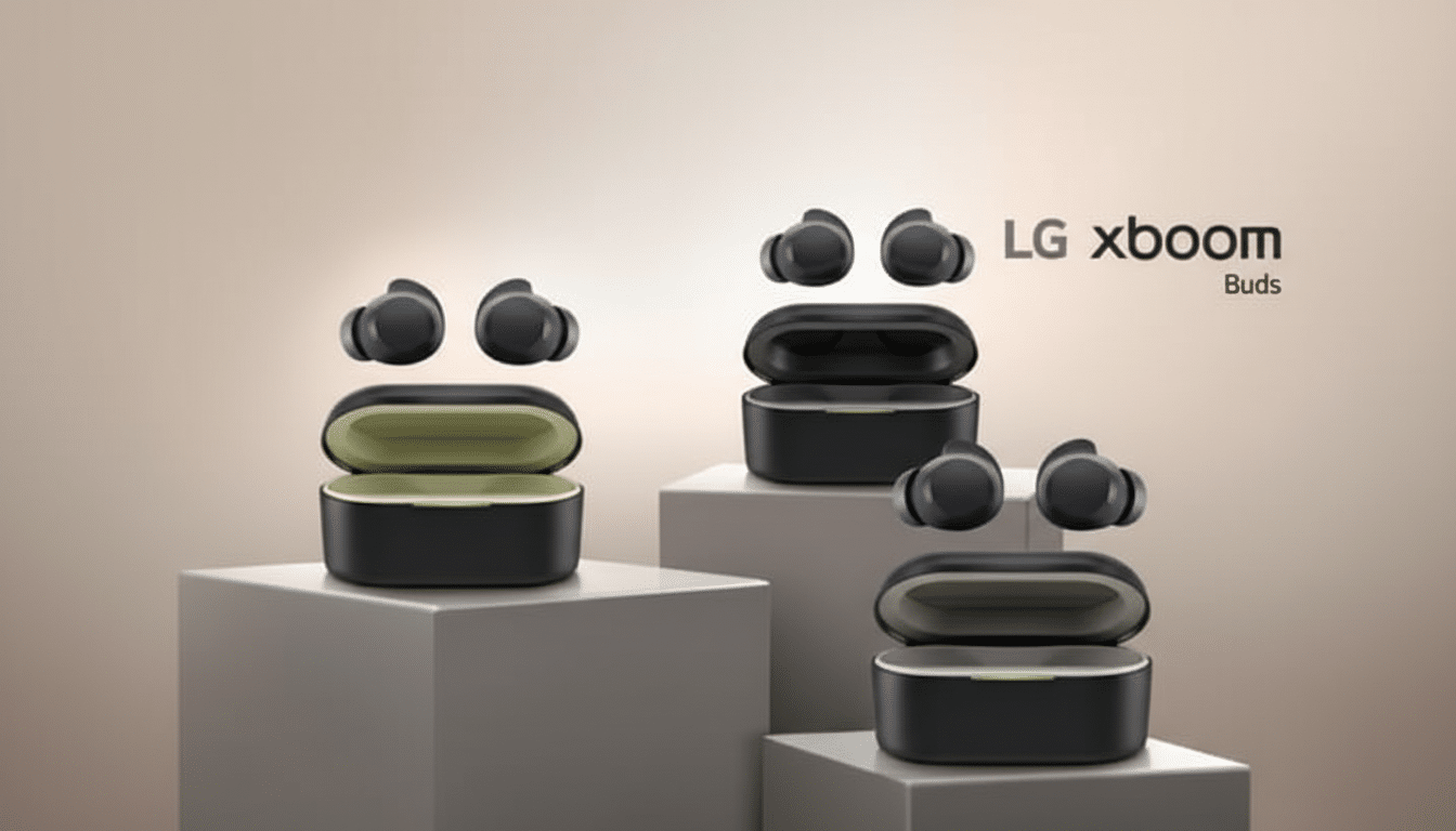 A professional image of three sets of LG xboom Buds, each with their charging case, arranged on light gray rectangular pedestals against a soft, gradient background.