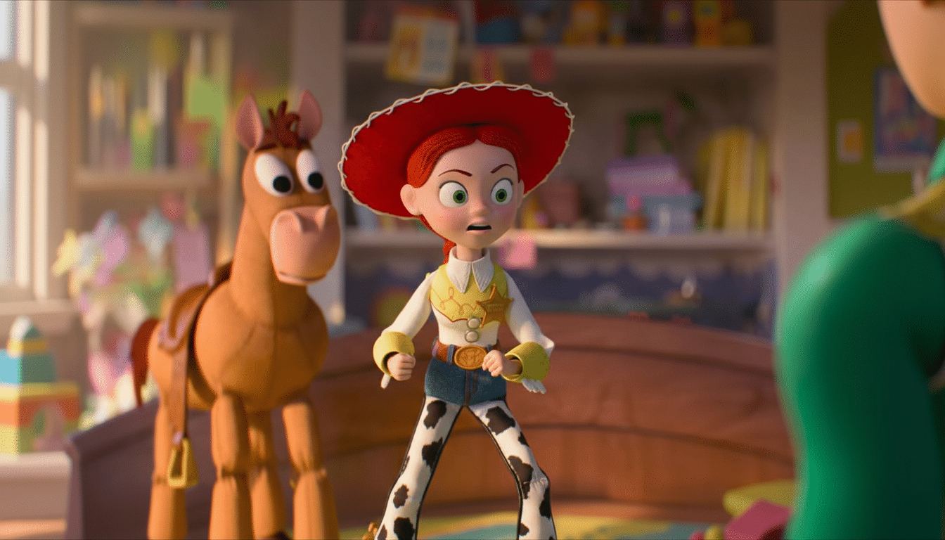 Jessie from Toy Story, with her horse Bullseye, looking surprised in a room.