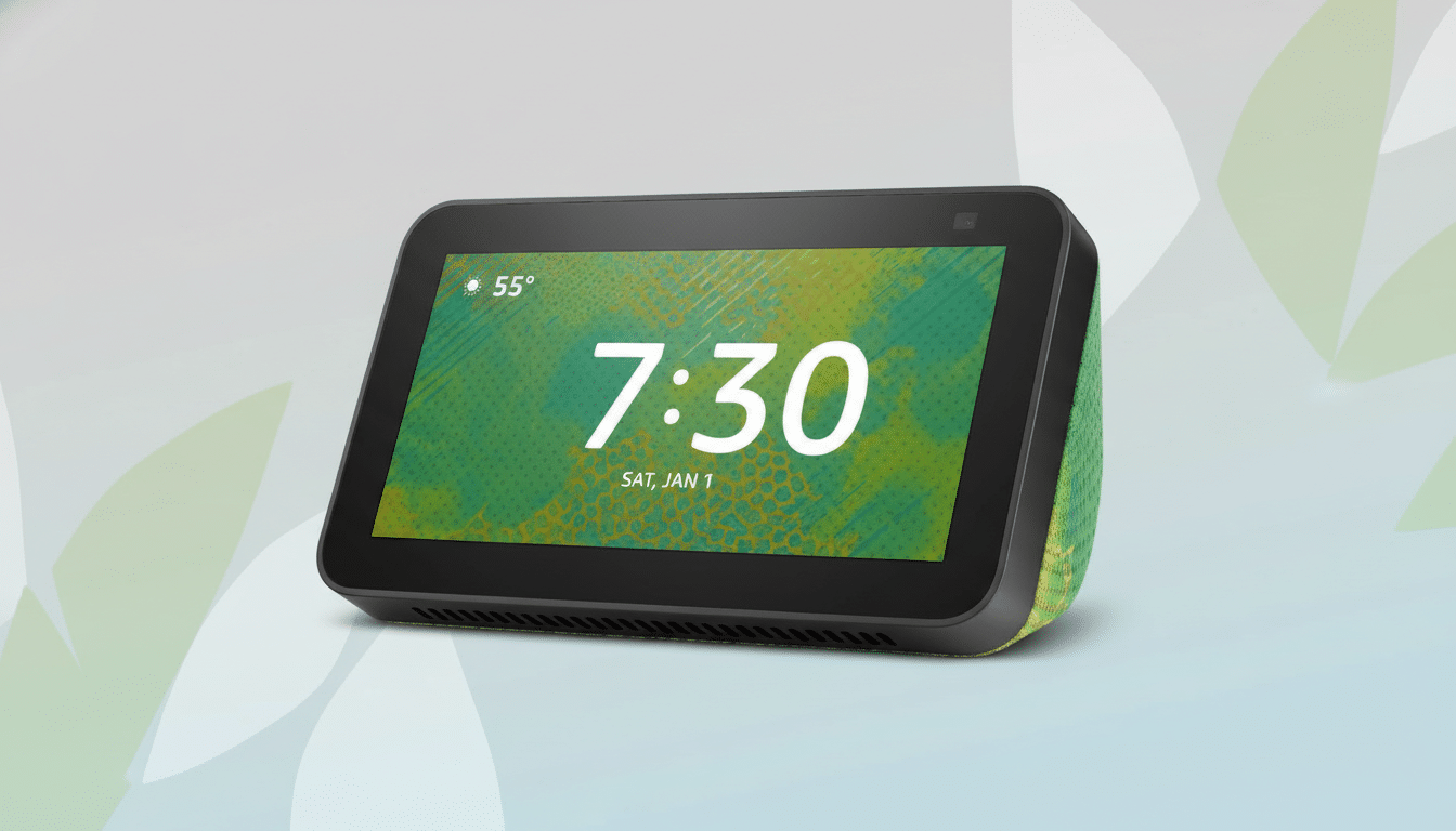 An Amazon Echo Show 5 smart display with a green and yellow patterned fabric back, showing the time 7:30, the date Sat, Jan 1, and 55 degrees Fahrenheit on its screen, set against a professional flat design background with soft patterns.