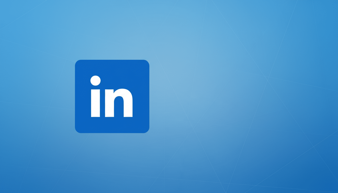 The LinkedIn logo, a white in on a blue square, is centered on a professional 16:9 aspect ratio background with a subtle blue gradient and faint geometric patterns.