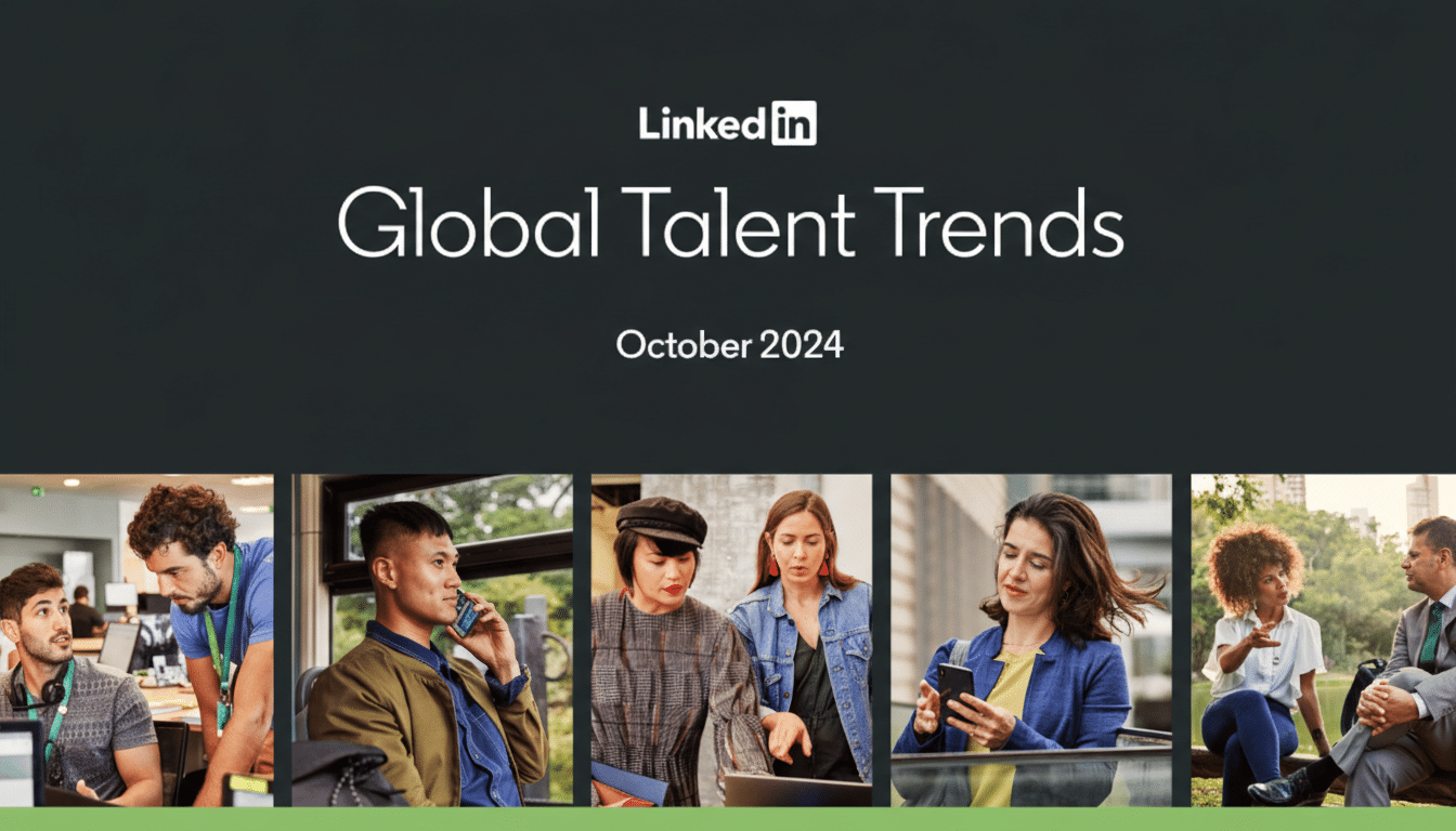 A LinkedIn Global Talent Trends October 2024 banner with a dark green background and five images of diverse professionals below.