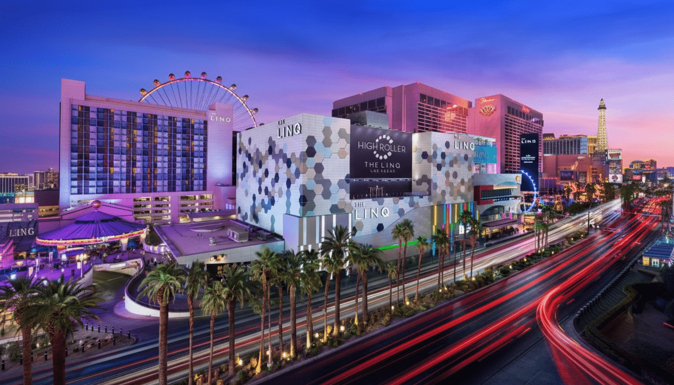 A vibrant, professionally enhanced 16:9 aspect ratio image of The LINQ Hotel and Casino in Las Vegas at dusk, featuring the High Roller observation wheel, palm trees, and blurred red light trails from traffic on the street.