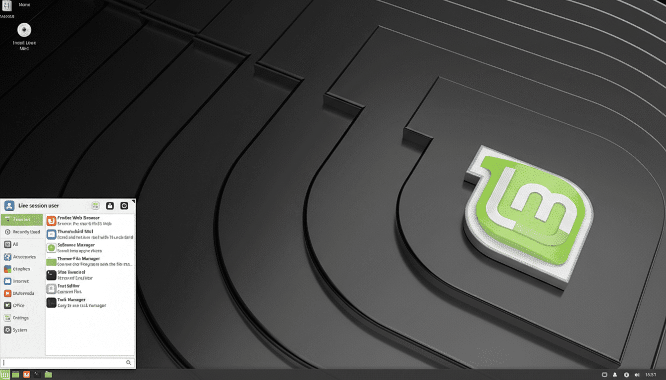 A screenshot of the Linux Mint desktop environment, showing the start menu open on the left and the Linux Mint logo on the right, resized to a 16:9 aspect ratio.
