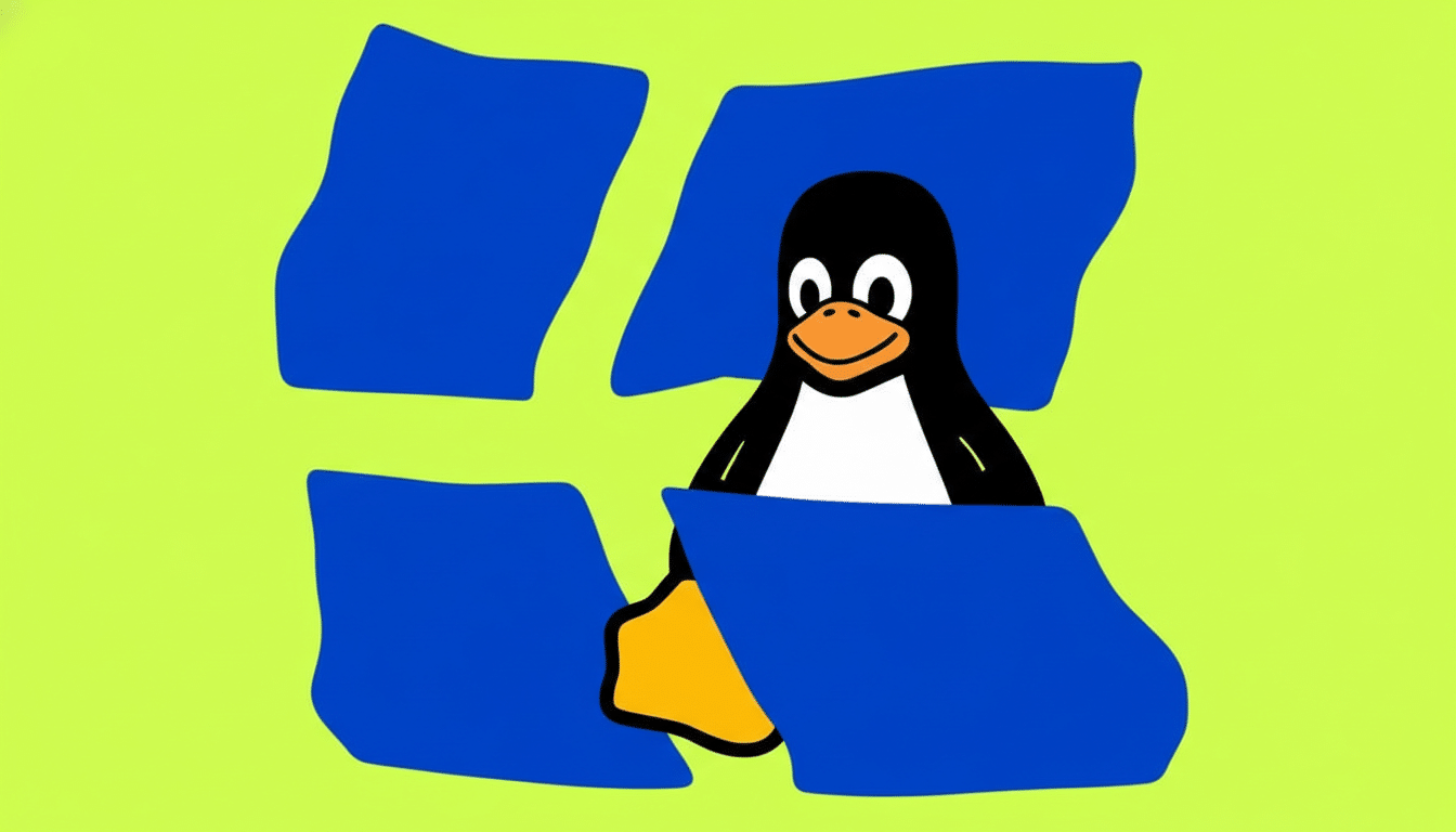 A cartoon penguin, Tux, is depicted within a blue, abstract, four-paneled shape, set against a vibrant lime green background.