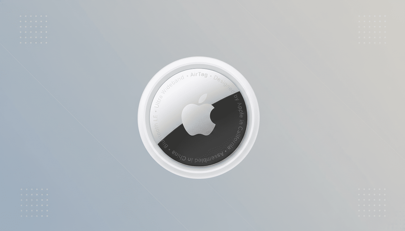 An Apple AirTag, a small, white and silver circular tracking device, centered on a professional flat design background with a soft blue-grey gradient and subtle geometric patterns in the corners.