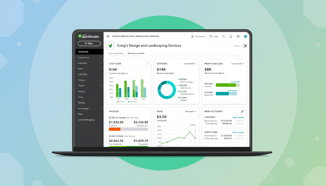 A laptop displaying the QuickBooks dashboard with various financial metrics and graphs.