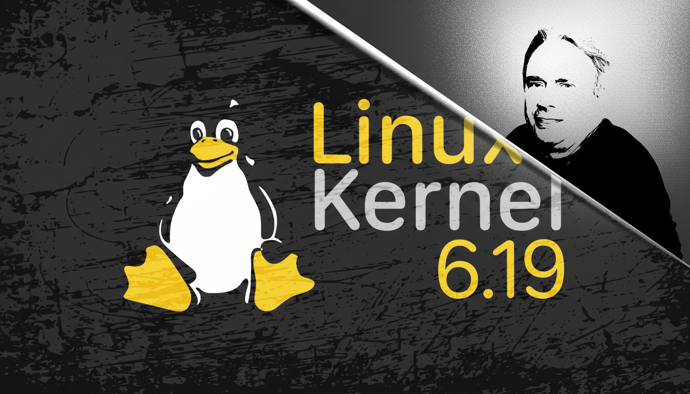 A resized image with a 16:9 aspect ratio, featuring the Linux Kernel 6.19 logo with Tux the penguin and a stylized image of Linus Torvalds.