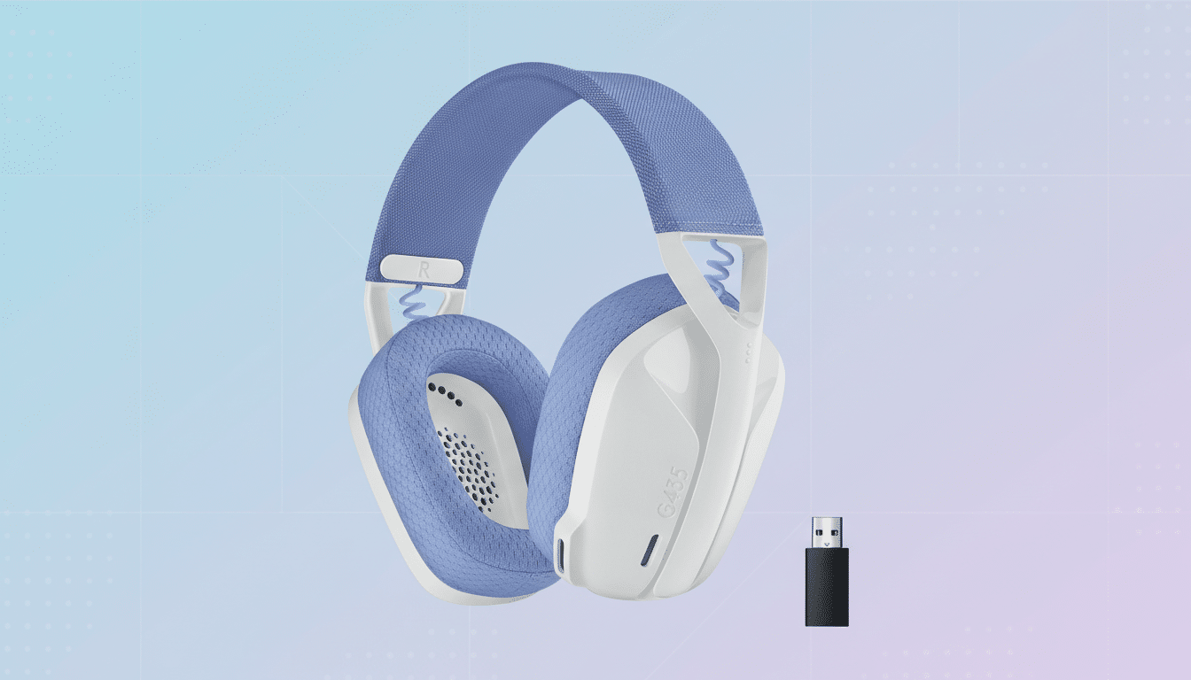 A pair of white and blue Logitech G435 wireless gaming headphones with a USB receiver, presented on a professional flat design background with soft blue and pink gradients and subtle patterns.